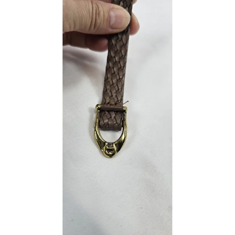 Etienne Aigner Braided Leather Belt 32 Brown Gold Horseshoe Buckle Vintage Taupe